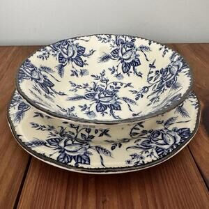 Wood and Sons COLONIAL ROSE Blue  7 7/8" Salad Plate & Bowl Cottagecore